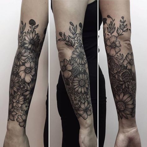 Blackwork Floral, Forearm Cover Up Tattoos, Cover Up Tattoos For Women, Tattoo Sleeve Filler, Half Sleeve Tattoos Forearm, Sunflower Tattoo Sleeve, Nature Tattoo Sleeve, Mother Nature Tattoos, Tattoos For Women Half Sleeve