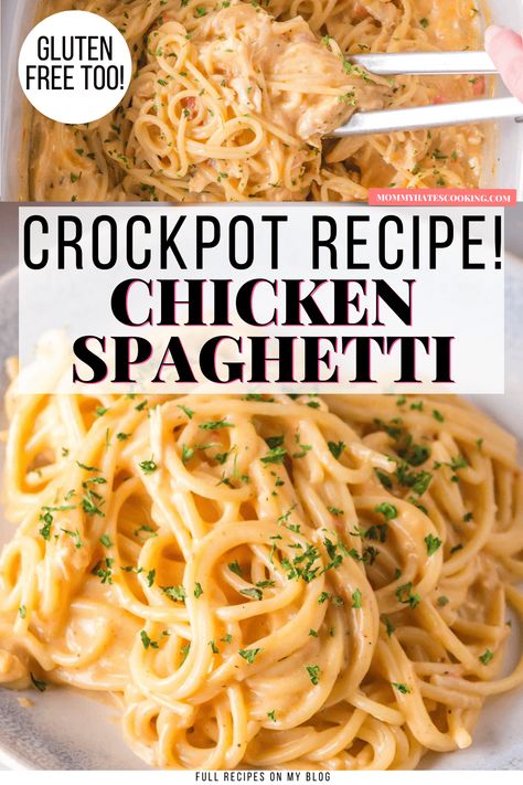 Gluten-Free Crockpot Chicken Spaghetti is made with pantry style ingredients and ready to serve in about 4 hours! Creamy Chicken Spaghetti Recipe, Chicken Spaghetti Recipe Crockpot, Crockpot Chicken Spaghetti, Chicken Spaghetti Recipe, Crockpot Spaghetti, Cheesy Chicken Spaghetti, Creamy Chicken Spaghetti, Crockpot Pasta, Slow Cooker Creamy Chicken