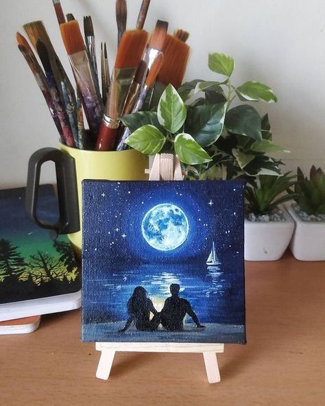 Simple Couple Canvas Painting, Couple Painting On Mini Canvas, Canvas Painting Of Couples, Cute Canvas Painting Ideas For Couples, Mini Canvas Paintings For Couples, Couples Acrylic Painting Ideas, Paintings For Mini Canvases, Gift Painting Ideas Canvases, Acrylic Painting Love Couple