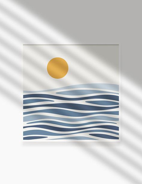 SUN OVER THE BLUE OCEAN WAVES. BOHO ART. Minimalist. Abstract. Printable Wall Art Illustration. – PAPER MOON Art & Design Minimalistic Illustration Art, Abstract Beach Art Painting, Blue Boho Painting, Boho Ocean Bedroom, Canvas Art Beginners, Home Decor Prints, Diy Wall Art Painting Boho, Boho Illustration Art, Boho Beach Art