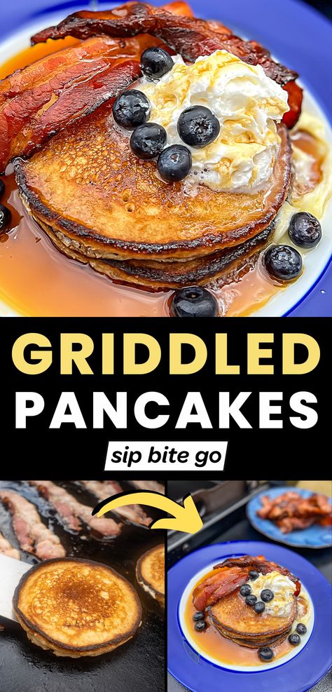 Griddle Pancakes Recipe images with steps and text overlay with Sip Bite Go logo Griddle Pancakes, Pancake Batter Recipe, Yellow Cornbread, Pancake Griddle, How To Cook Pancakes, Pancakes From Scratch, Easy Brunch Recipes, Griddle Recipes, Griddle Grill