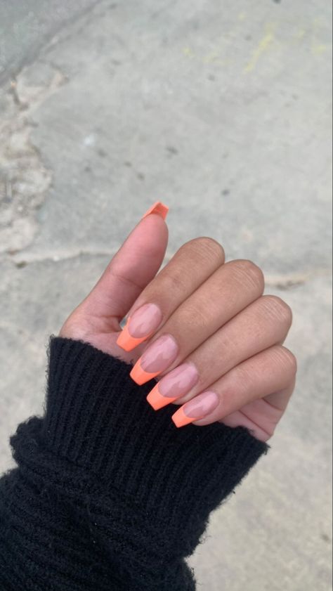 Orange French Tip With Rhinestones, Orange Ombre French Tip Nails, Coral French Tip Nails Coffin, Coral Orange French Tip Nails, Coral French Tips Nails, Salmon French Tip Nails, Peach Nails French Tip, Coral Nail Tips, Coral Prom Nails