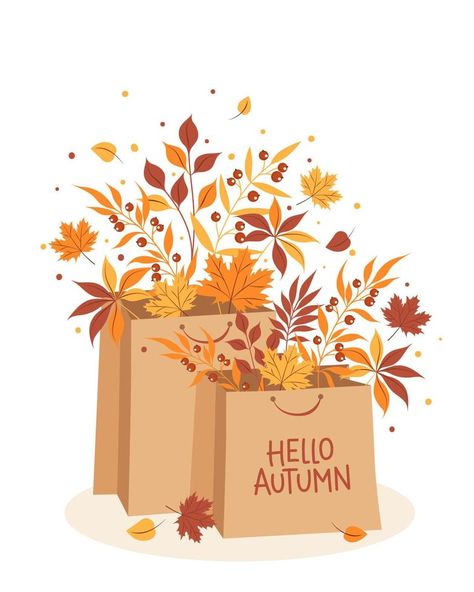 Hello autumn. Banner with  Paper bags for shopping with leaves. Bright poster, flyer with invitation for sale, template offer of discounts deals. Vector Illustration For Sale Template, Autumn Banner, Sale Sticker, Sale Template, Holiday Aesthetic, Ad Poster, Autumn Decoration, Banner Ad, Poster Banner