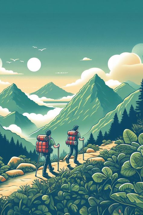 The Illustration captures the spirit of adventure with two people hiking in the mountains. Hiking Illustration, Mountains Illustration, Hiking Adventure, Picture Illustration, Watercolor Art Lessons, Mountain Climbing, Mountain Hiking, Pen Drawing, Two People