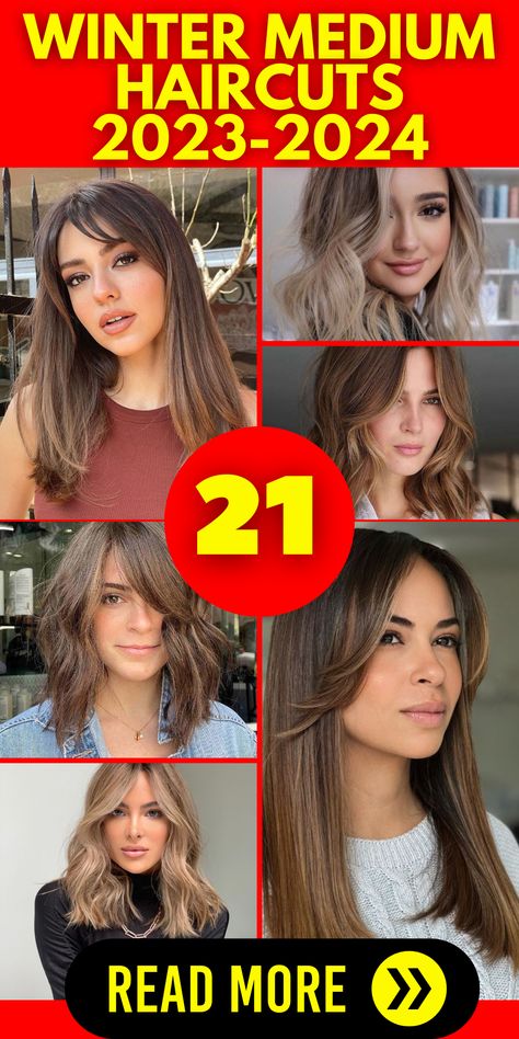 Winter is the perfect time to experiment with your hairstyle, and our medium haircuts for 2023 - 2024 are here to inspire your transformation. Whether you have round faces or short to medium hair length, our styles cater to a wide range of preferences. Explore options like curtain bangs and layers to add depth and dimension to your look, whether you have fine hair or thick locks. Modern Haircuts 2023, Medium Layered Haircuts With Bangs Round Faces, Hair Cuts Medium Length Round Face, Winter Medium Length Hair, Hairstyles 2024 Trends Medium, Current Hair Trends 2023 Medium Length, Medium Length Lob With Curtain Bangs, Best Haircut 2023, Winter Hair Cuts 2023