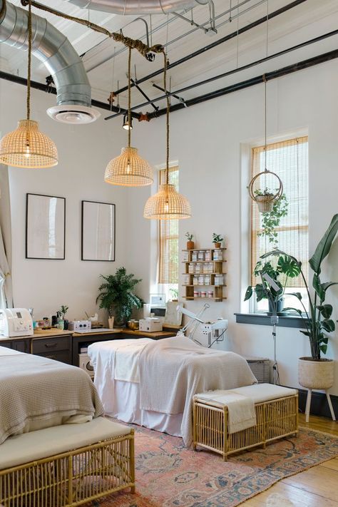 Dreamy Esthetician Room, Basement Esthetics Room, Facial Spa Decor Esthetics Room, Shared Esthetician Room, Bohemian Massage Room, Esthetician Room Necessities, Massage Room With Plants, Bohemian Lash Room, Esthetician Back Bar Ideas