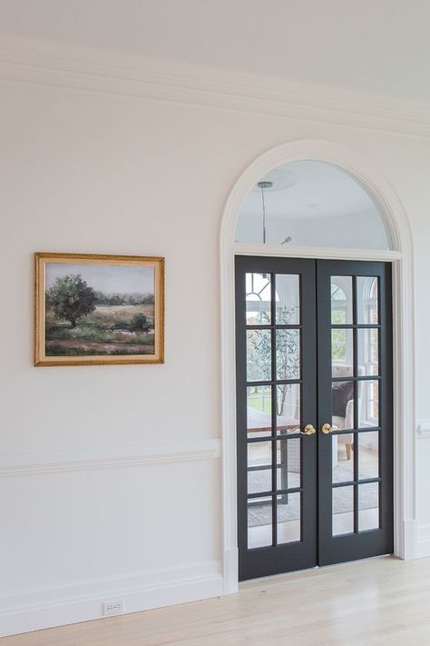 White Hallway Painted Doors, Painted Interior French Doors, Painted French Doors Interior, Black Interior Doors With White Trim, Interior French Door Ideas, Paint French Doors, French Doors Black, Interior Doors Black, Brick Colonial House