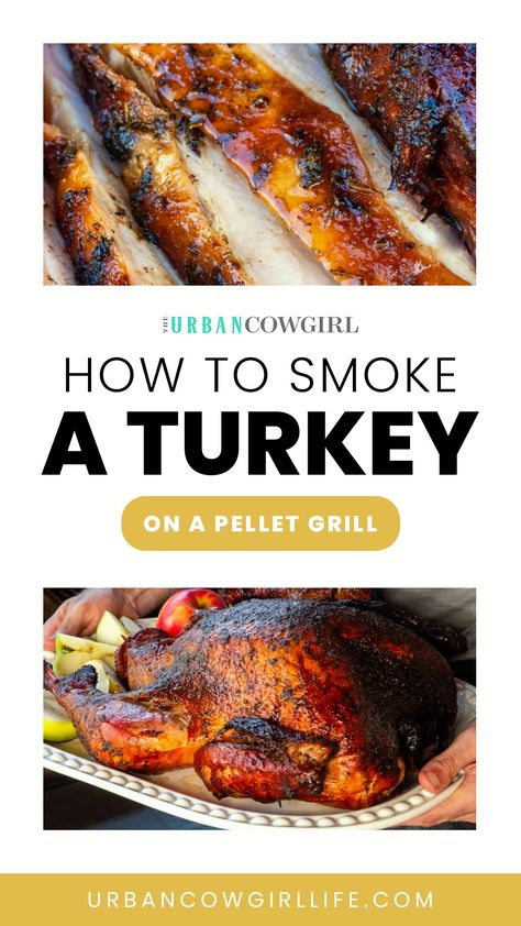 Learn how to smoke a whole turkey on a pellet grill with these steps: Prep the turkey by brining it for 24-36 hours. Choose a fruitwood like apple or cherry for the best flavor. Smoke at 250°F until the internal temperature reaches 165°F (about 25 min per pound). Rest the turkey for 30 min to 1 hour before carving. Use an electric knife to carve the juicy and delicious smoked turkey. Whole Turkey On Pellet Grill, Pellet Grill Smoked Turkey, Pellet Grill Turkey Recipes, Smoked Turkey On Pellet Grill, Smoked Turkey Side Dishes, Smoked Whole Turkey Pellet Grill, Turkey On Pellet Grill, Turkey Brine For Smoked Turkey, Pellet Smoked Turkey