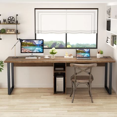 Two Person Desk, Computer Desk With Shelves, Desk With Storage, Big Desk, Desk Shelves, Home Office Space, Home Desk, Desk Design, Storage Shelf