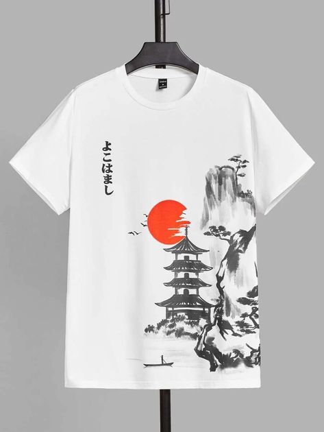 SHEIN Men Japanese Letter & Landscape Print Tee | SHEIN USA White T Shirt Painting Ideas, Japanese Tshirt Design, Men Tshirt Design, Men Fashion Suit, Japanese T Shirt, Unique Tshirt Designs, Japanese Letter, Boys Shirts Pattern, Stylish Men Wear