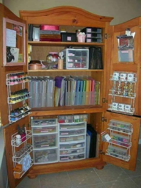 Turn A TV Armoire Into Craft Storage Craft Armoire, Craft Storage Cabinets, Tv Armoire, Craft Storage Organization, Craft Cabinet, Dream Craft Room, Craft Room Design, Scrapbook Room, Ideas Craft