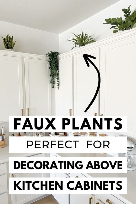 plants above kitchen cabinets decor idea Plants Above Kitchen Cabinets, Empty Space Above Kitchen Cabinets, Above Kitchen Cabinet Decor Ideas, Best Faux Plants, Decorate Above Kitchen Cabinets, Above Kitchen Cabinet, Decor Above Kitchen Cabinets, Cabinet Decor Ideas, Space Above Kitchen Cabinets