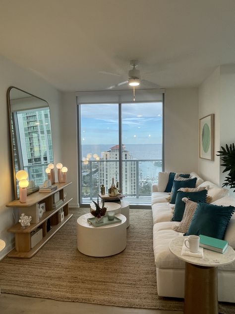 City Apartment Living Room Aesthetic, First Condo Aesthetic, Florida Beach Apartment, Modern Miami Apartment, Florida Appartement, Apartment In Florida, High Rise Apartment Living Room, Florida Apartment Aesthetic, La Apartment Aesthetic