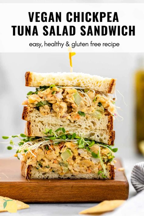 This vegan tuna salad is the perfect easy recipe for lunch. It's made with chickpeas, veggies and has no mayo. Make this chickpea tuna salad into a sandwich for a simple and easy recipe. #vegantunasalad #chickpeasalad #veganchickpeasalad Vegan Chickpea Salad, Sandwich Vegetarian, Resep Sandwich, Vegetarian Sandwich Recipes, Salad Sandwich Recipe, Vegan Sandwich Recipes, Chickpea Salad Sandwich, Pasta Vegetariana, Resep Salad