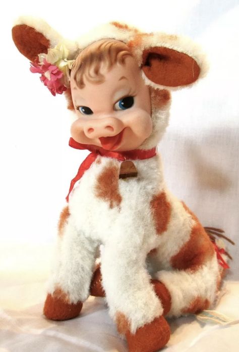 Vintage Rubber Face Cow Old Puppets, Rubber Face Plush, Ruston Dolls, Rubber Face Doll, Vintage Toys 1980s, Rushton Dolls, Vintage Plushies, Rushton Toys, Vintage Plush Toys