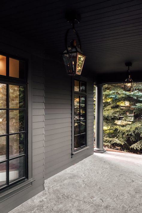 Answering All Your Questions About Our New Exterior Gas Lanterns - Chris Loves Julia Dark Charcoal House Exterior, Charcoal Grey House Exterior, Charcoal Gray House Exterior, Dark Gray House Exterior, Dark House Exterior, Dark Grey Houses, Charcoal House, Gray House Exterior, House Redo