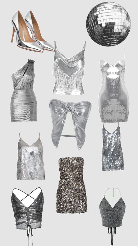 #silver #argenté Silver Outfit Party, 18th Birthday Party Dress, Black Silver Outfit, Silver Clothes, Silver Outfit, Silver Outfits, Lose Control, Silver Shorts, Silver Party