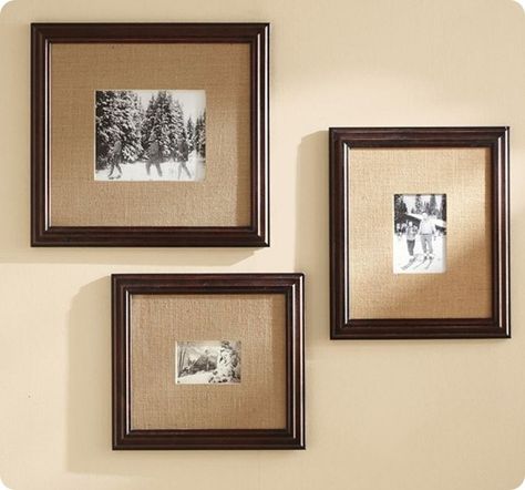 burlap matting - burlap covered cereal boxes! Pottery Barn Frames, Barn Table, Framed Burlap, Wood Gallery Frames, Pottery Barn Bedding, Diy Burlap, Gallery Frames, Frame Diy, Burlap Crafts