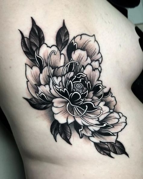 Black White Peony Tattoo, Gothic Peony Tattoo, Dark Peony Tattoo, Black And White Peony Tattoo, Flower Tattoos On Side, Neo Traditional Peony Tattoo, Blackwork Peony Tattoo, Peony Tattoo Traditional, Dark Flowers Tattoo