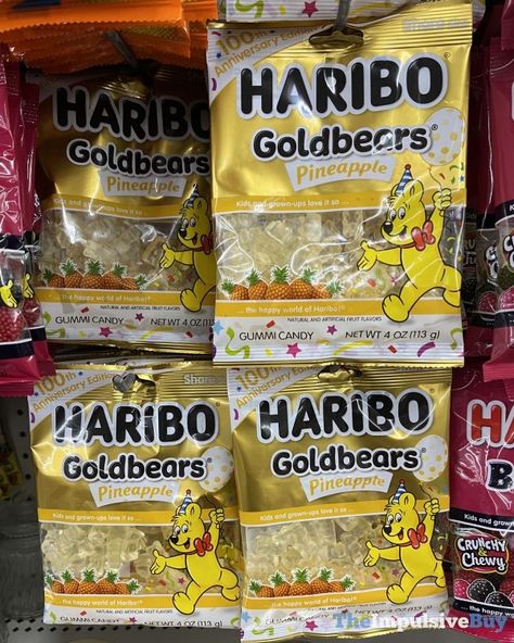 Even though my jaw dislikes the hardness of Haribo gummy bears, my tongue loves the flavor of the clear ones. So my mouth as a whole is confused about whether or not to be excited about this. (Spotted by RaveGyrl at Dollar Tree.) The post SPOTTED: 100th Anniversary Edition Haribo Pineapple Goldbears appeared first on The Impulsive Buy. Haribo Gummy Bears, Jelly Tots, Haribo Candy, Vegan Candies, Road Trip Snacks, Artificial Fruit, Easy Baking Recipes Desserts, 100th Anniversary, My Mouth