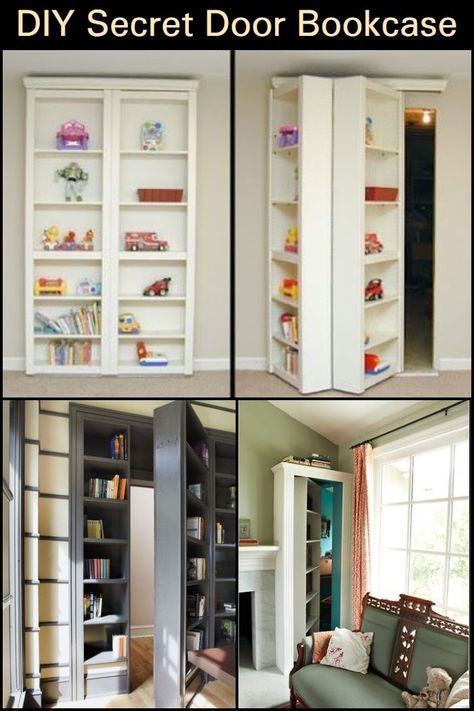 Use a bookcase as a secret door to conceal a secret room! Bookshelf As Door, Sliding Bookcase Door Secret Passage, Hinged Bookcase Door, Bookshelf Closet Doors, Book Shelf Secret Door, Diy Hideaway Door, Bookcase With Hidden Door, Secret Door In Bookcase, False Doors Secret Rooms