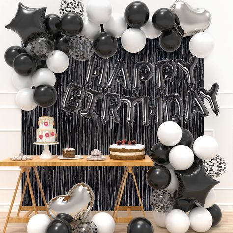 PRICES MAY VARY. COMPLETE BLACK BIRTHDAY PARTY DECORATIONS PACKAGE: 1pcs black happy birthday balloons banner, 24pcs 12 inch latex balloons（black&white）, 6pcs 12 inch black confetti balloons, 2pcs 18 inch black star foil balloons, 2pcs 18 inch sliver heart foil balloons, 2pcs black tinsel curtains and balloon garland tools. We have put all these items together to save you time and money, so no need to buy from lots of suppliers and spend a lot more. PREMIUM QUALITY：Our black birthday party ballo Black And White Party Decorations, Ballon Banner, Black And White Balloons, Birthday Theme Decoration, White Party Decorations, Happy Birthday Theme, Happy Birthday Balloon Banner, Black White Parties, Balloon Tassel