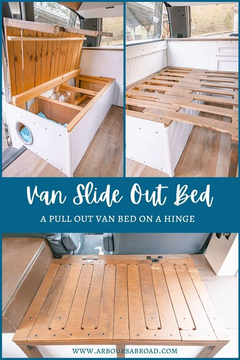 Table To Bed Camper, Camper Bench Bed, Diy Slide Out Bed, Slide Out Camper Bed, Small Camper Bed Ideas, Camper Table Bed Ideas, Camper Couch To Bed, Campervan Slide Out Bed, Camper Folding Bed