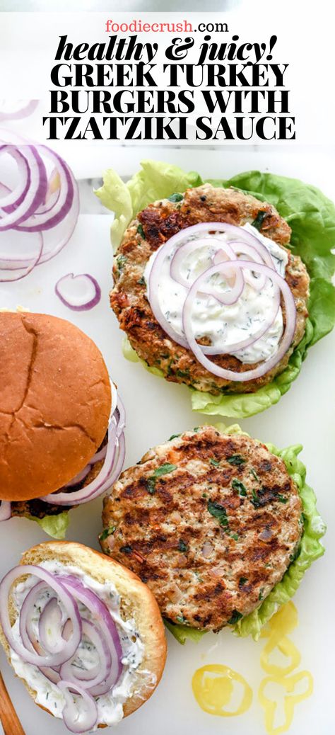 Tzatziki Turkey Burger, Turkey Burger With Goat Cheese, Feta Tzatziki Sauce, Mediterranean Turkey Burger, Burger Healthy Recipes, Lettuce Wrap Turkey Burgers, Greek Style Turkey Burgers, Turkey Burger Recipes Whole 30, Veggie Turkey Burgers