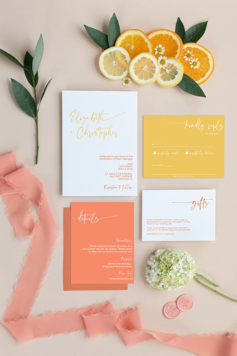 Our Citrus Crush Minimalist Invitation Suite is perfect for DIY brides wanting to perfectly match their invitations to their DIY Wedding flowers! We have floral and minimalist options, so you are sure to find your match! Wedding Invitations Colorful, Colourful Wedding Invitations, Citrus Wedding Invitations, Wedding Invitation Designs, Orange Wedding Invitations, Diy Your Wedding, Colorful Wedding Invitations, Minimalist Invitation, Citrus Wedding