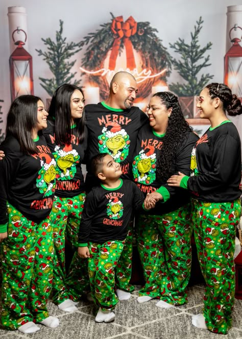 Christmas Pajamas. The Grinch Pajamas. Matching Christmas Pajamas. Family photo shoot. Family Grinch Pajamas, Matching Grinch Pajamas, Grinch Pjs Family, Matching Family Pajamas Christmas, Grinch Family Pajamas, Family Pjs Matching, Grinch Pajamas Families, Grinch Family Pictures, Professional Christmas Pictures