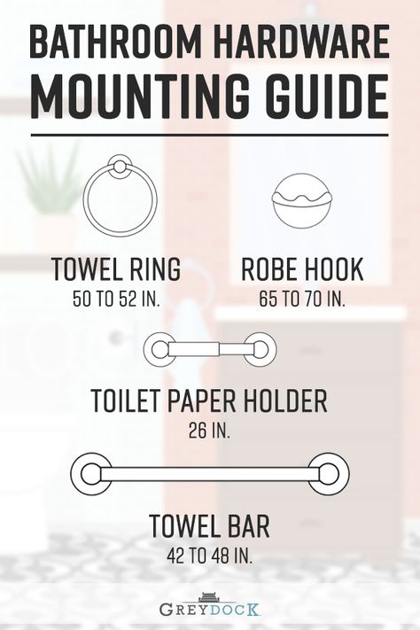 Installing new bathroom hardware? Before drilling the first hole, check to make sure it's at the right height to increase functionality in the space. Click through to read our in-depth guide - perfect for DIY beginners or seasoned pros! #towelbar #robehook #towelring #homeimprovement #bathaccessories #bathroomhardware Bathroom Hardware Placement, Towel Bar Placement, Towel Bars In Bathroom, Towel Bar Height, Zen Bathroom, Decorating Bathroom, Bathroom Towel Bar, New Bathroom, Bathroom Redo