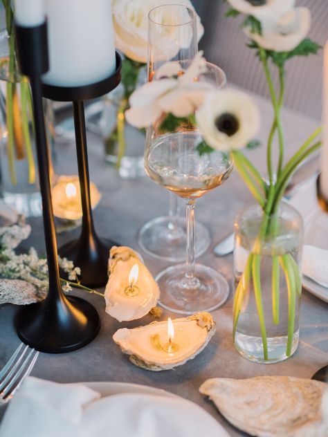 Oyster Wedding, Oyster Candle, Chic Color Palette, Small Beach Weddings, Seafood Tower, The World Is Your Oyster, Pearl Party, World Is Your Oyster, Yacht Wedding