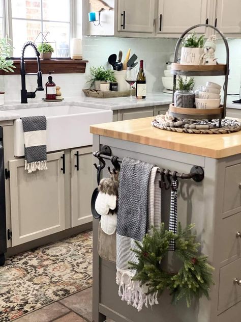 End Of Kitchen Counter Ideas, End Of Counter Decor, How To Decorate Kitchen Peninsula, Towel Rack On End Of Kitchen Island, Kitchen Island Towel Bar Decor, Over Stove Decor, Kitchenaid Decor, Neutral Kitchen Decor, Kitchen Island Towel Bar