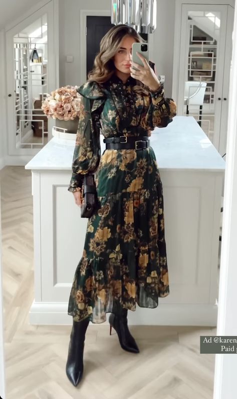 Fall Dresses With Boots Maxi, Winter Work Dresses, Long Floral Dress With Boots, Fall Dresses Outfits, Winter Dress Outfit Casual, Chic Winter Floral Print Midi Dress, Casual Fall Wedding Outfit Guest, Modest Office Outfits, Long Dress With Boots