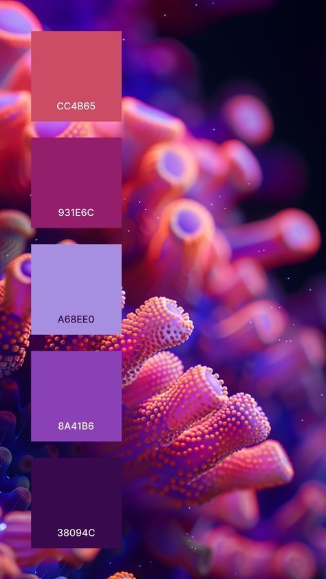 Colors:
CC4B65 ° 931E6C ° A68EE0 ° 8A41B6 ° 38094C

Wishing you the best of luck as you make something awesome with this palette. Please share and save this if you found it useful!⁣⁣⁣⁣⁣⁣⁣⁣⁣

Photo by: Sjoerd Huisman 
IG: @sjoerdhuisman85

Please visit his Portfolio at lummi.ai for more awesome stuff. Sea Palette Color, Deep Sea Color Palette, Underwater Palette, Sea Color Palette, Colour Wheel Theory, Ocean Color Palette, Sea Anemones, Gradient Color Design, Christmas Color Palette