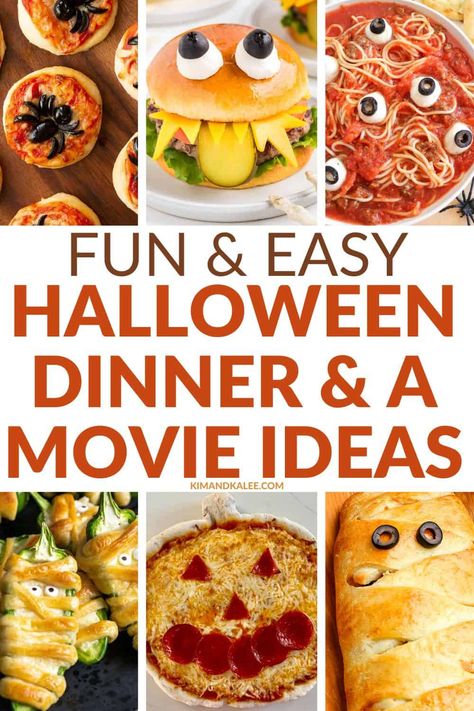 Halloween Dinners Easy, Kid Friendly Halloween Dinner Ideas, Halloween Movie Night Meals, Halloween Supper Ideas For Kids, Dinner And Movie Ideas, Halloween Dinner Kids, Fun Halloween Dinner Ideas, Family Movie Night Dinner Ideas, Halloween Dinner Ideas Families