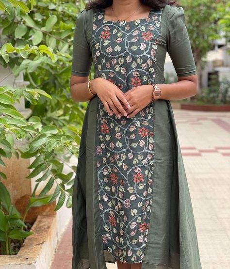 E- 799 Plain green silk georgette with centre patch with semi tussar kalamkari print with light puff sleeves (with lining ) Sizes: XS to XL Mild soap handwash and steam ironing is recommended Dm for orders and price Colour may slightly vary due to lighting Model Size -Xs [kurti, festive, maxi, co ord, kurta sets, regular wear, casual wear, office wear, style, marriage] #kurti#casulakurti#dailywearkurti#smallbusiness#officewearkurti#officewearstyle#kurtisofeyal#festivekurtis#kurtidesign... New Kurti Designs 2024 Latest Cotton, Long Sleeves Design For Kurtis, Kalamkari Kurta Designs, A Line Kurti Designs, Sleeves Design For Kurtis, Kalamkari Kurta, Designs Kurti, Churidar Neck, Neck Patterns