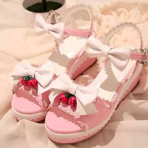 Clothes Coquette, Japanese Princess, Kawaii Shoes, Cute Strawberry, Girly Shoes, Aesthetic Shoes, Pink Shoes, Crazy Shoes, Kawaii Clothes