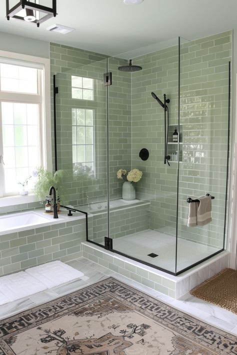 Modern and Chic: 27 Green Bathroom Ideas you need to see Seafoam Green Shower Tile, Green Tiled Shower Bathroom, Green Walk In Shower Ideas, Master Bathrooms Green, Green And Cream Bathroom Ideas, Mint Green And Black Bathroom, Master Bath Ideas Green, Small Bathroom Sage Green, Green Tile Master Bath