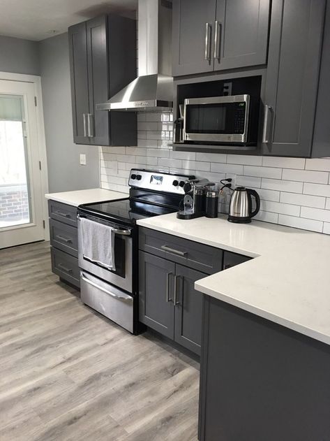 Small Kitchen Ideas Grey Cabinets, Kitchen Flooring Gray Cabinets, Dark Gray Kitchen Cabinets With Light Gray Walls, Black Cabinet Grey Floor, Kitchen Cabinet Color Ideas Gray Floor, Dark Cabinets Grey Floor, Grey Toned Kitchen, Grey Walls With Grey Cabinets, Kitchen Remodel Grey Walls