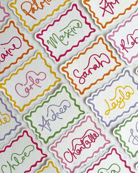 Wedding and Event stationery | Plantable Cards 🌼 | Fun colourful place cards for any event 💛 #letwordsbloom | Instagram Unique Name Cards Wedding, Women’s Event, Funky Wedding Decor, Colorful Dinner Party, Whimsical Dinner Party, Bachelorette Dinner Party, Eclectic Wedding Invitations, Funky Wedding Invitations, Chic Stationery