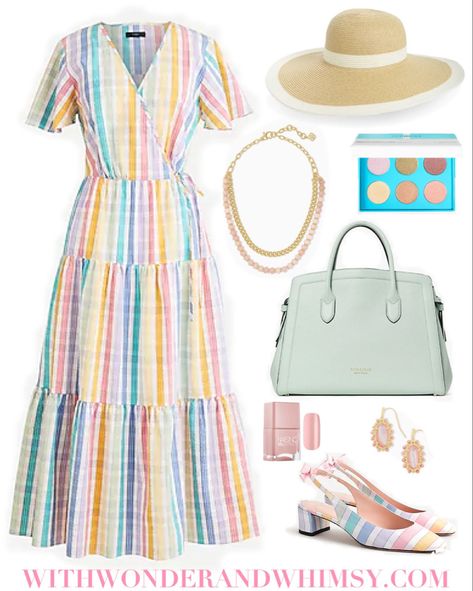 Pastel Women Outfit, Pastel Color Outfit Classy, Pastel Spring Dress, Rainbow Gingham, New Dress Pattern, Gingham Outfit, Vacation Outfits Women, Kate Spade Handbag, Chic Summer Style