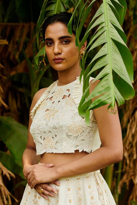 Unique Indian Outfits, Layered Lehenga, Cutwork Top, Cutwork Blouse, Crop Top For Women, Crop Tops Online, Embroidered Crop Tops, Ivory Fabric, International Style