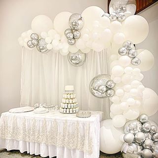 A gorgeous white and silver themed wedding at @ambroseestate!  #balloonsperth #balloongarland #perthballoons #weddingballoons #perthwedding #perthbride #whiteballoons Silver Themed Wedding, 25th Anniversary Decorations, Silver Wedding Theme, Baptism Party Decorations, Silver Party Decorations, Deco Ballon, Silver Wedding Anniversary, Birthday Balloon Decorations, Elegant Birthday