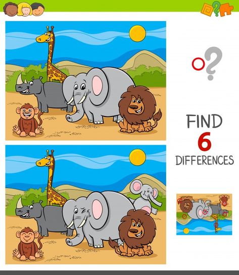 Differences game with safari animal char... | Premium Vector #Freepik #vector #kids #children #education #character Spot The Difference Kids, Find The Difference Pictures, Find The Differences Games, Educational Games For Preschoolers, Printable Games For Kids, Business Cartoons, Cartoon People, Educational Games For Kids, Fun Games For Kids