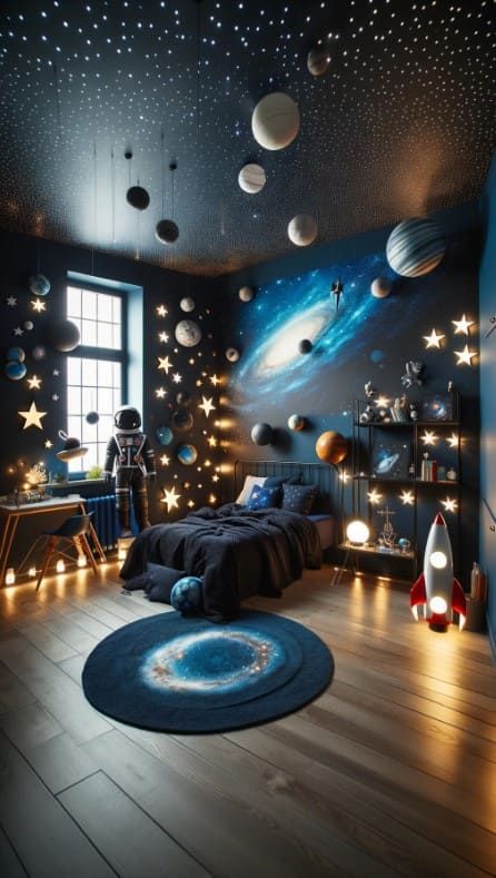 Space Bedroom Ideas, Bed With Drawers Underneath, Galaxy Bedroom, Whimsical Bedroom, Space Themed Bedroom, Space Themed Room, Space Bedroom, Space Room, Kids Bedrooms