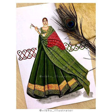 Instagram Indian Traditional Dresses Illustration, Rajasthani Dress Drawing, Saree Art Drawing, Lehnga Illustrations, Bridal Lehenga Illustration Sketches, Bridal Illustration Indian Sketches, Bridal Illustration Indian, Lehnga Illustration Sketch, Lehenga Illustration Sketch