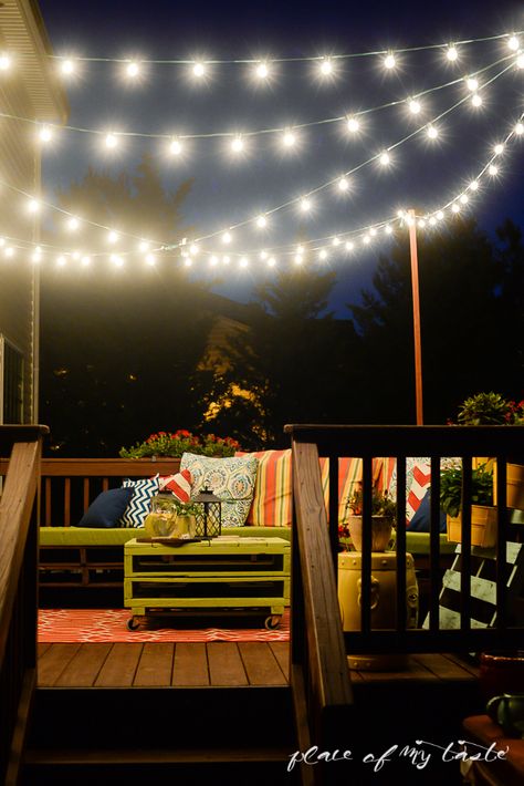 7 creative ways to decorate with string lights with our #PorchBloggers Outdoor Deck Lighting, Deck Building, Solar Deck Lights, Pergola Lighting, Deck Lights, Tv Design, Small Deck, Backyard Lighting, Outdoor Diy Projects