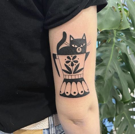 Mama Yaga Tattoo, Traditional Polish Tattoo, Folk Tattoo Indie, Cat Lady Tattoo, Linocut Tattoo, Matching Cat Tattoos, Folk Art Tattoo, Folk Tattoo, Traditional Heart Tattoos