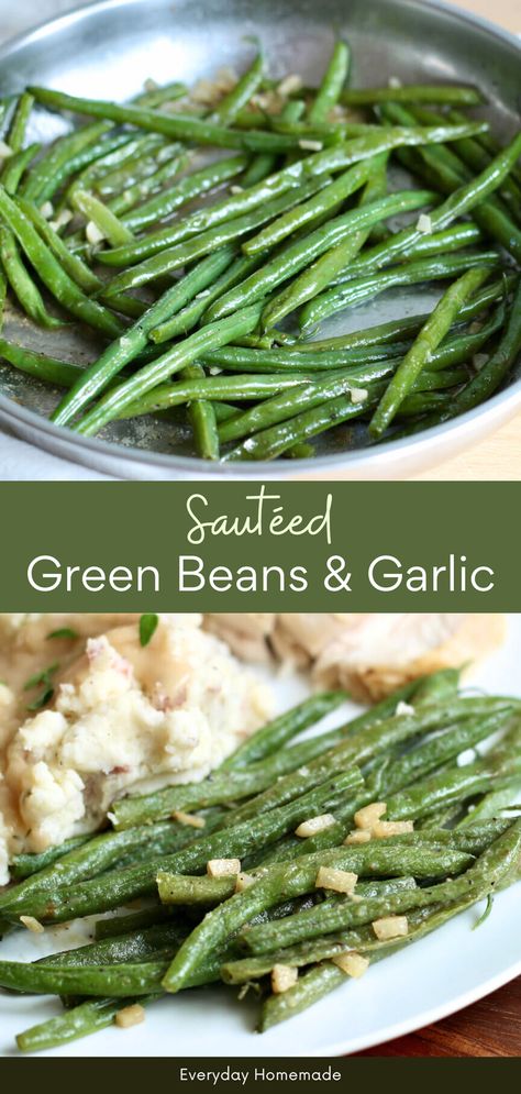 Try this simple recipe for Sautéed Green Beans and Garlic! Using garden-fresh green beans, butter, and garlic, this easy, quick side dish is perfect for summer. It’s the best way to enjoy a flavorful and healthy vegetable side. Sautéed Garlic Green Beans, Garden Fresh Green Bean Recipes, Healthy Green Bean Side Dish, Healthy Green Beans Recipe, Saute Green Beans With Garlic, Garlic Green Beans Sauteed, Raw Green Bean Recipes, Garden Green Beans Recipe, Sautéed Green Beans With Garlic